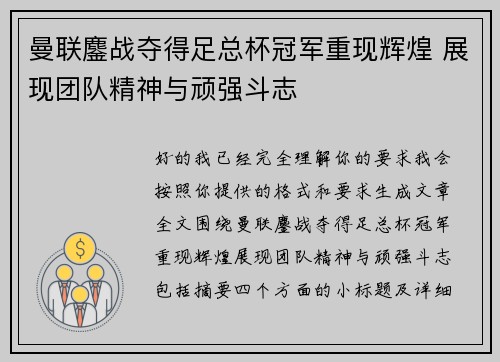 曼联鏖战夺得足总杯冠军重现辉煌 展现团队精神与顽强斗志